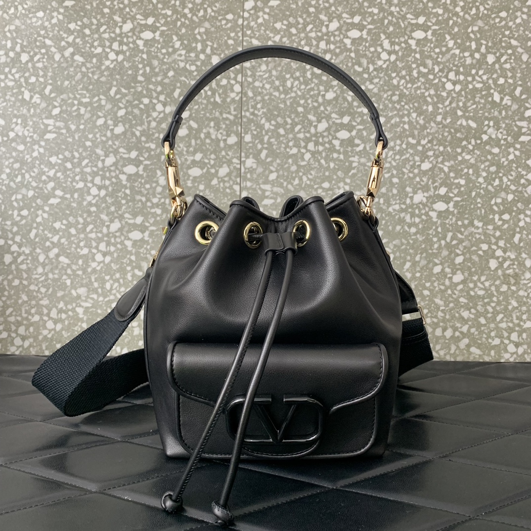 Valentino Garavani Loco Bucket Bag in Black Calfskin Leather